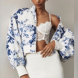 Anthropologie Floral Cropped Bomber Jacket • White / Blue • Sz S